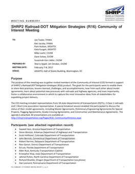 SHRP2 Railroad-DOT Mitigation Strategies (R16) Community of Interest Meeting