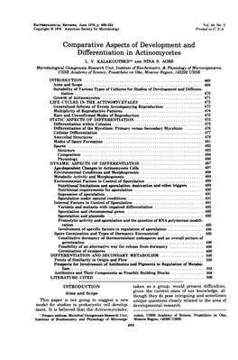 Comparative Aspects of Development and Differentiation in Actinomycetes L