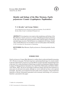 Identity and Biology of the Blue Mormon, Papilio Polymnestor Cramer (Lepidoptera: Papilionidae)