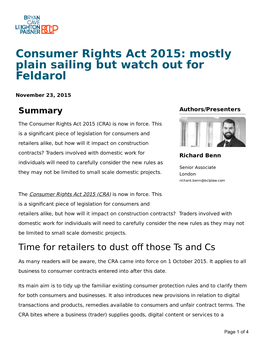 Consumer Rights Act 2015: Mostly Plain Sailing but Watch out for Feldarol