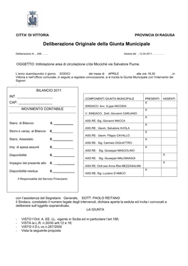 Deliberazione Originale Della Giunta Municipale