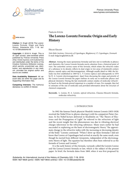 The Lorenz-Lorentz Formula: Origin and Early History Citation: H