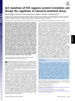 ALS Mutations of FUS Suppress Protein Translation and Disrupt the Regulation of Nonsense-Mediated Decay