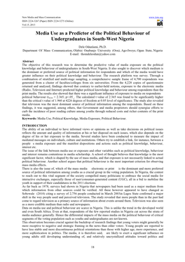 Media Use As a Predictor of the Political Behaviour of Undergraduates in South-West Nigeria