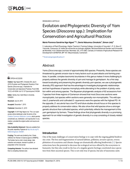 Dioscorea Spp.): Implication for Conservation and Agricultural Practices