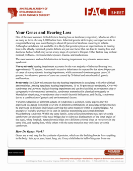 Genes and Hearing Loss One of the Most Common Birth Defects Is Hearing Loss Or Deafness (Congenital), Which Can Affect As Many As Three of Every 1,000 Babies Born