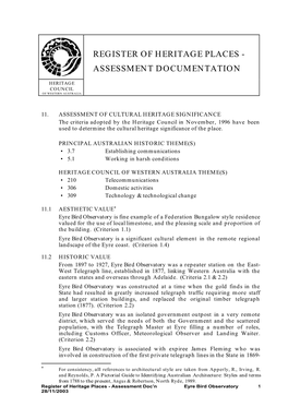 Register of Heritage Places - Assessment Documentation