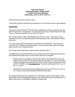 Chair Diane Deans Opening Remarks / Verbal Update Transit Commission Meeting Wednesday, June 19, 2013, 9:30 A.M