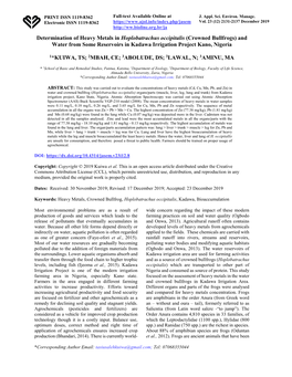 Determination of Heavy Metals in Hoplobatrachus Occipitalis (Crowned Bullfrogs) and Water from Some Reservoirs in Kadawa Irrigation Project Kano, Nigeria