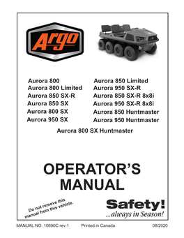 OPERATOR's MANUAL Your Argo Dealer Will Perform Regular Maintenance and Lu- Brication for a Reasonable Service Charge