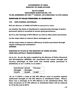 Government of India Ministry of Home Affairs Rajya Sabha Unstarred Question No. 378 to Be Answered on the 7Th August, 2013/Srava