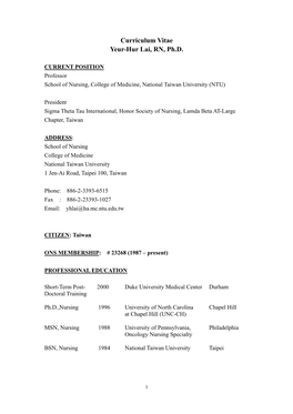 Curriculum Vitae Yeur-Hur Lai, RN, Ph.D