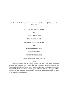 Guide for the Perplexed, by Moses Maimonides, Friedlander Tr. [1904], at Sacred­ Texts.Com