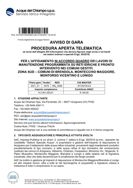 AVVISO DI GARA PROCEDURA APERTA TELEMATICA (Ai Sensi Dell’Allegato XIV Informazioni Che Devono Figurare Negli Avvisi E Nei Bandi Nei Settori Ordinari E Speciali D.Lgs