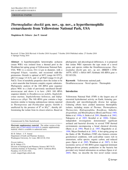 Thermogladius Shockii Gen. Nov., Sp. Nov., a Hyperthermophilic Crenarchaeote from Yellowstone National Park, USA