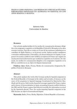 Franco Como Objetivo. Los Medios De Comunicación Para Emigrantes Españoles En Alemania Occidental En Los Años Sesenta Y Setenta