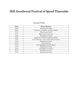 2021 Goodwood Festival of Speed Timetable