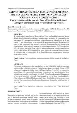 CUBA), PARA SU CONSERVACIÓN Characterization of the Vascular ﬂ Ora of San Felipe Table-Land, Camagüey Province (Cuba), for Conservation Purposes