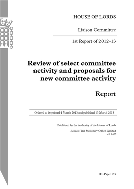 Review of Select Committee Activity and Proposals for New Committee Activity