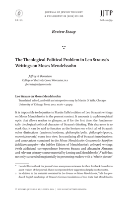 Review Essay the Theological-Political Problem in Leo Strauss's Writings on Moses Mendelssohn