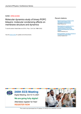 Molecular Dynamics Study of Binary POPC Bilayers: Molecular Condensing Effects on Membrane Structure and Dynamics