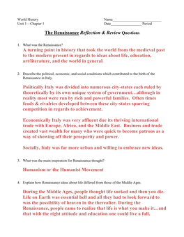 The Renaissance Reflection & Review Questions