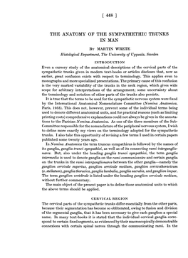 THE ANATOMY of the SYMPATHETHIC TRUNKS in MAN by MARTIN WRETE Histological Department, the University of Uppsala, Sweden