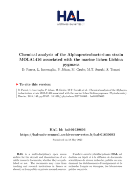 Chemical Analysis of the Alphaproteobacterium Strain MOLA1416 Associated with the Marine Lichen Lichina Pygmaea D