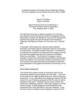 A Statistical Analysis of Possible Electronic Ballot Box Stuffing, the Case of Baldwin County Alabama Governor’S Race in 2002