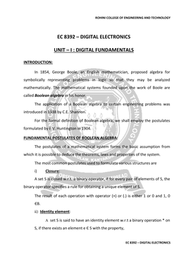 Ec 8392 – Digital Electronics Unit