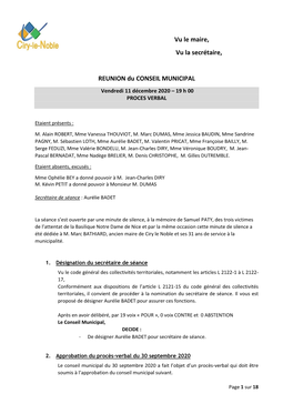 Vu Le Maire, Vu La Secrétaire, REUNION Du CONSEIL MUNICIPAL