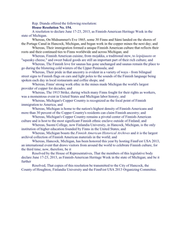 Rep. Dianda Offered the Following Resolution: House Resolution No. 154. a Resolution to Declare June 17-23, 2013, As Finnish-A