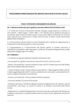 Regolamento Intercomunale Del Servizio Associato Di Polizia Locale