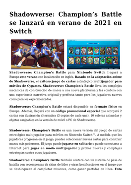 Shadowverse: Champion’S Battle Se Lanzará En Verano De 2021 En Switch