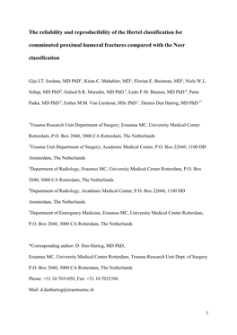 The Reliability and Reproducibility of the Hertel Classification for Comminuted Proximal Humeral Fractures Compared with The