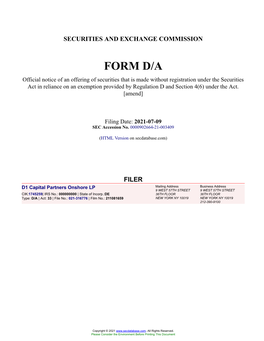 D1 Capital Partners Onshore LP Form D/A Filed 2021-07-09