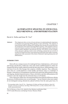 Alternative Splicing in Stem Cell Self-Renewal Differentiation