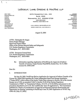 Information Regarding Application of Pacificorp for Approval of Indirect Transfer of License; Trojan Nuclear Plant/ISFSI; Docket Nos