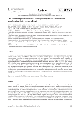 Two New Endangered Species of Anomaloglossus (Anura: Aromobatidae) from Roraima State, Northern Brazil