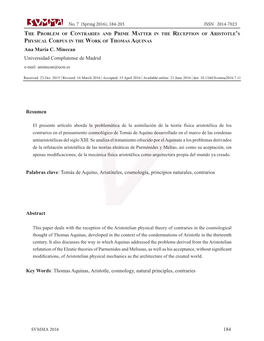 The Problem of Contraries and Prime Matter in the Reception of Aristotle's Physical Corpus in the Work of Thomas Aquinas