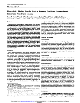 High Affinity Binding Sites for Gastrin Releasing Peptide on Human Gastric Cancer and MÃ©Nã©Trier'smucosa1