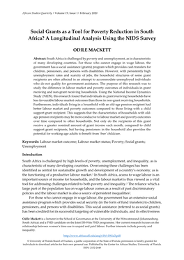 Social Grants As a Tool for Poverty Reduction in South Africa? a Longitudinal Analysis Using the NIDS Survey