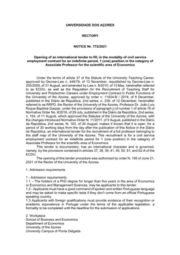 UNIVERSIDADE DOS AÇORES RECTORY NOTICE Nr. 772/2021 Opening of an International Tender to Fill, in the Modality of Civil Servic