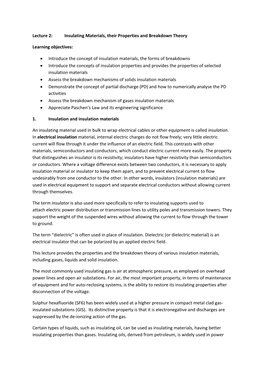 Lec 2 Properties and Breakdown Theory of Insulation Notes