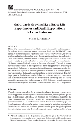 Gaborone Is Growing Like a Baby: Life Expectancies and Death Expectations in Urban Botswana