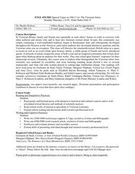 ENGL 659-M01 Special Topics in 19Th C Lit: the Victorian Salon Monday/Thursday, 2-4:45, Padre Rubio Hall 15