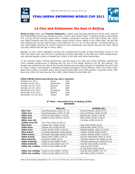 FINA/ARENA SWIMMING WORLD CUP 2011 Le Clos and Alshammar the Best in Beijing