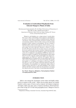 Evaluation of Antioxidant Polyphenols from Selected Mangrove Plants of India