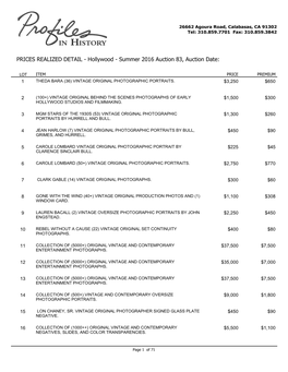 PRICES REALIZED DETAIL - Hollywood - Summer 2016 Auction 83, Auction Date