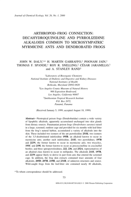 Arthropod–Frog Connection: Decahydroquinoline and Pyrrolizidine Alkaloids Common to Microsympatric Myrmicine Ants and Dendrobatid Frogs